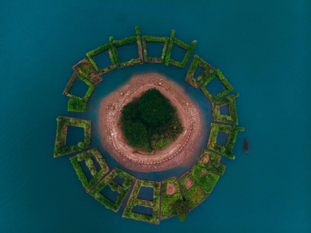 Eagle eye view of small island in Sun Moon Lake, Taiwan
