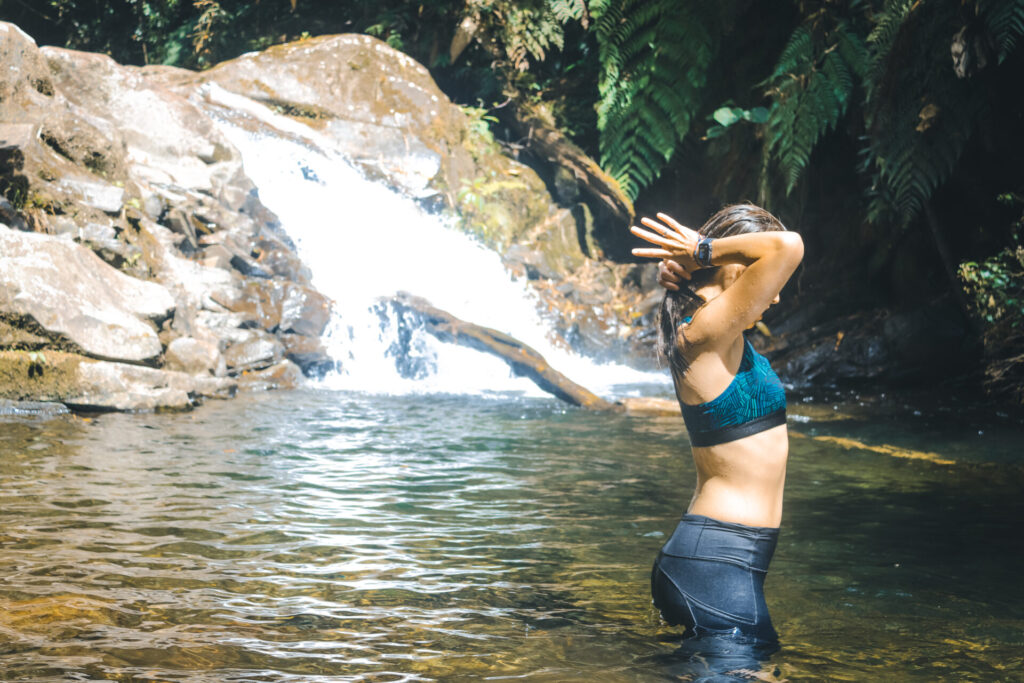 Wini swimming on the Lost Waterfalls Trail in Boquete, Panama