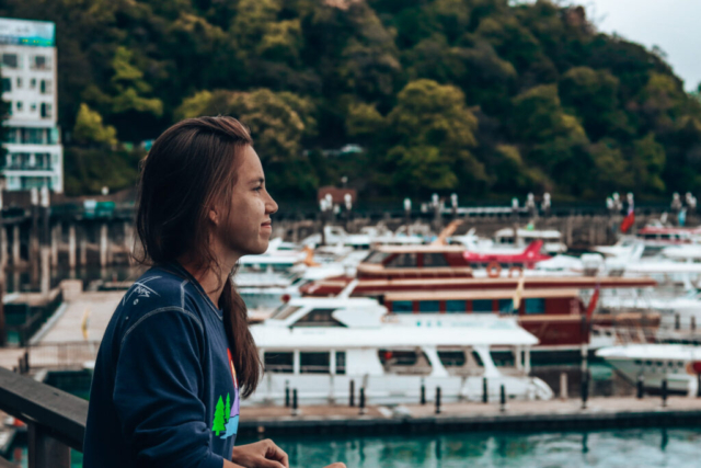 Wini by boat docks in Sun Moon Lake, Taiwan