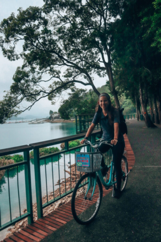 Wini biking on trail around Sun Moon Lake, Taiwan