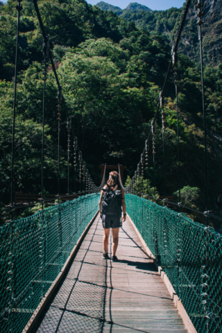 Wini on bridge in Taroko Gorge, Taroko National Park, Hualien, Taiwan