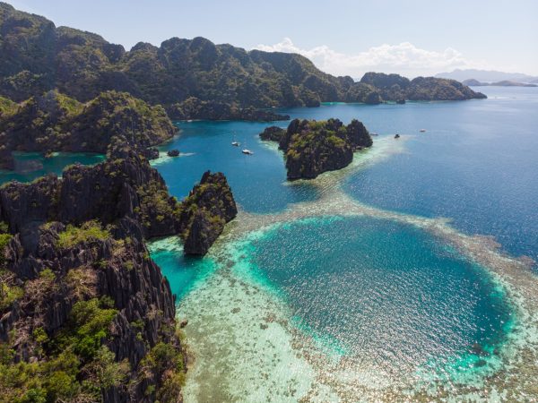 Big Dream Boat Man Coron to El Nido Philippines, drone shot of twin lagoons