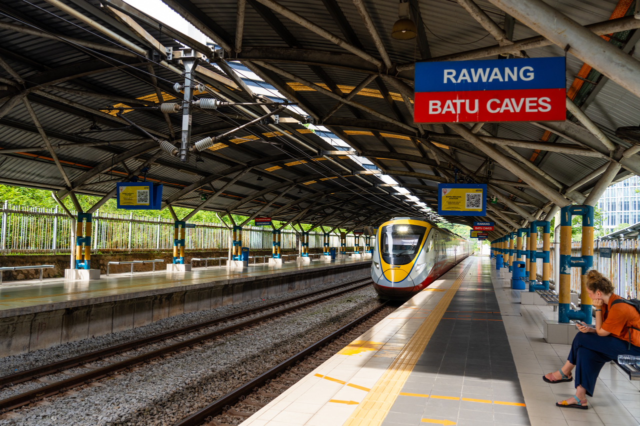Komuter Train To Batu Caves from Kuala Lumpur Arriving At Station