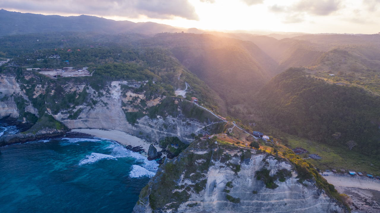 Diamond Beach, Nusa Penida aerial view at sunset