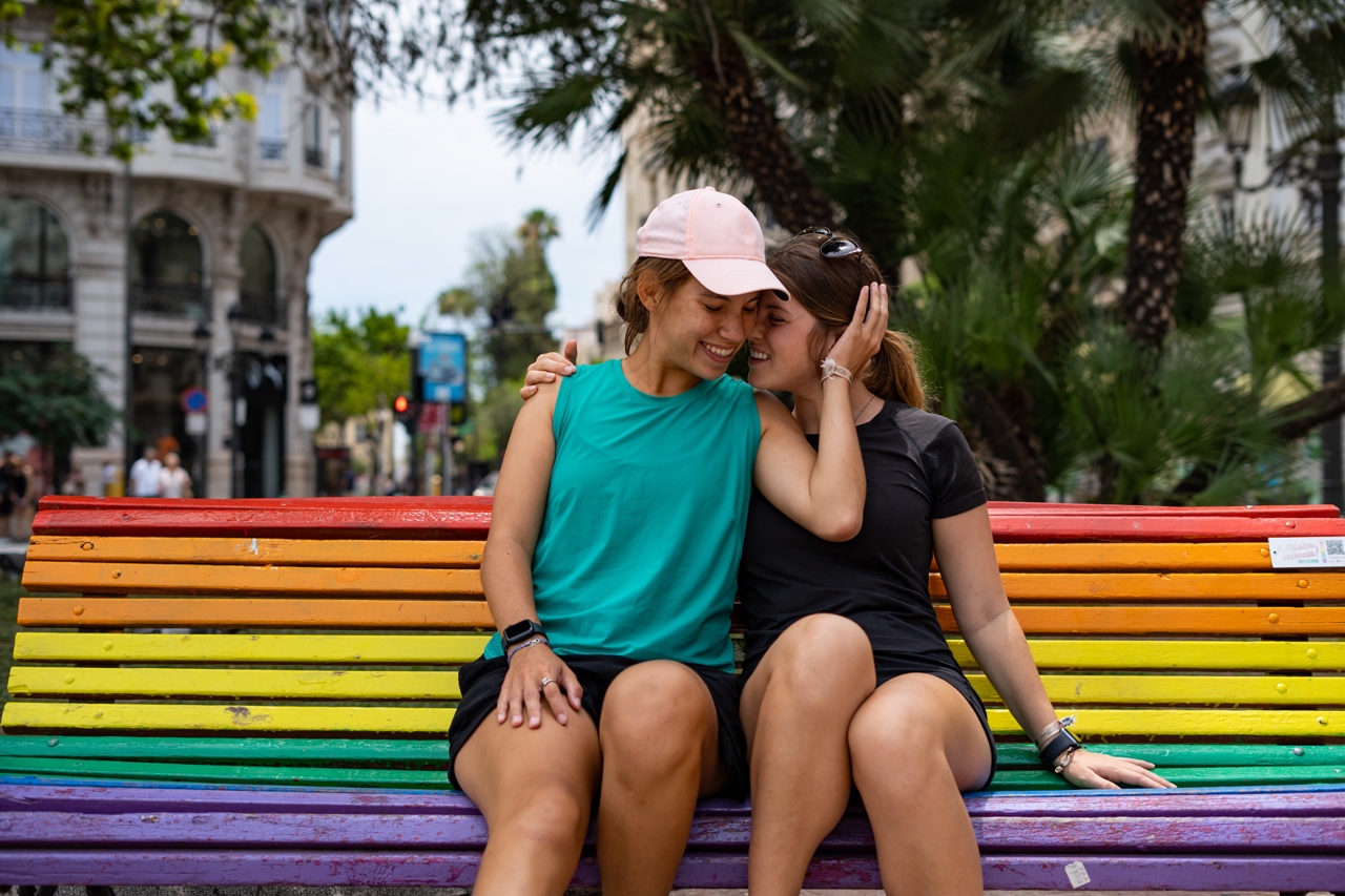 Rainbow bench in Plaça de l'Ajuntament in Valencia, Spain