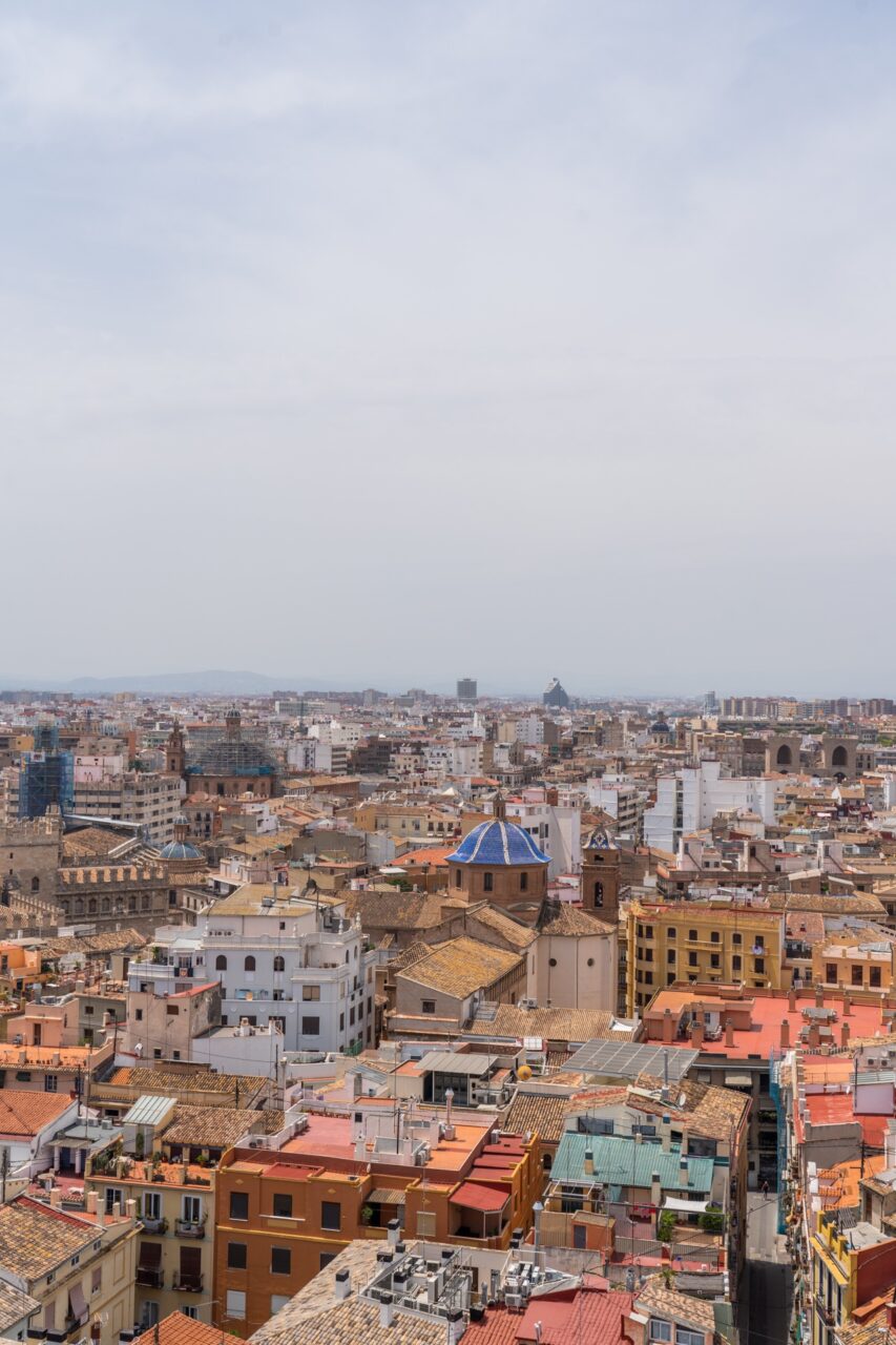 Panoramic view from El Micalet Bell Tower and Valencia Cathedral in Valencia Spain, Plaça de la Verge