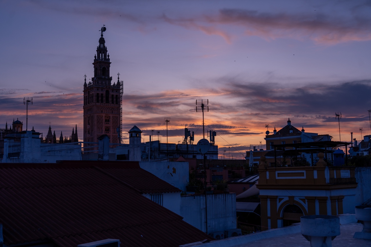 Sunset over Seville, Spain and the Seville Cathedral Giralda Tower
