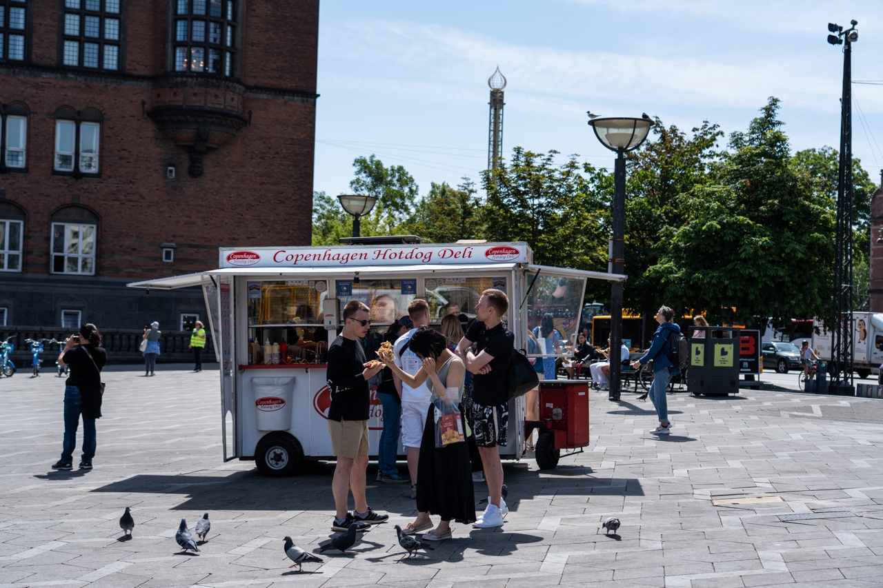 Busy Hot Dog Stand in Copenhagen outside of City Hall