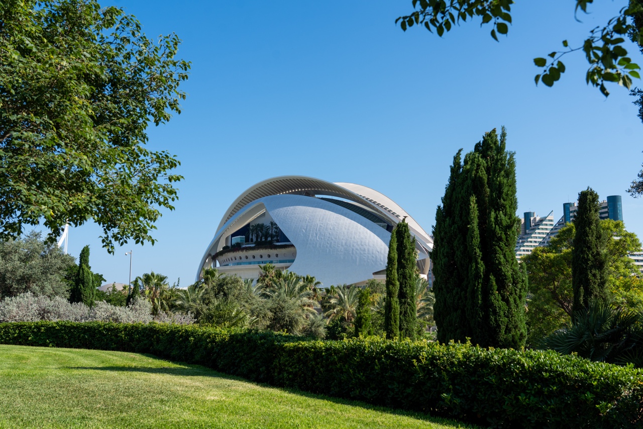 The City of Arts and Sciences building in Valencia, Spain on a blue sky summer day