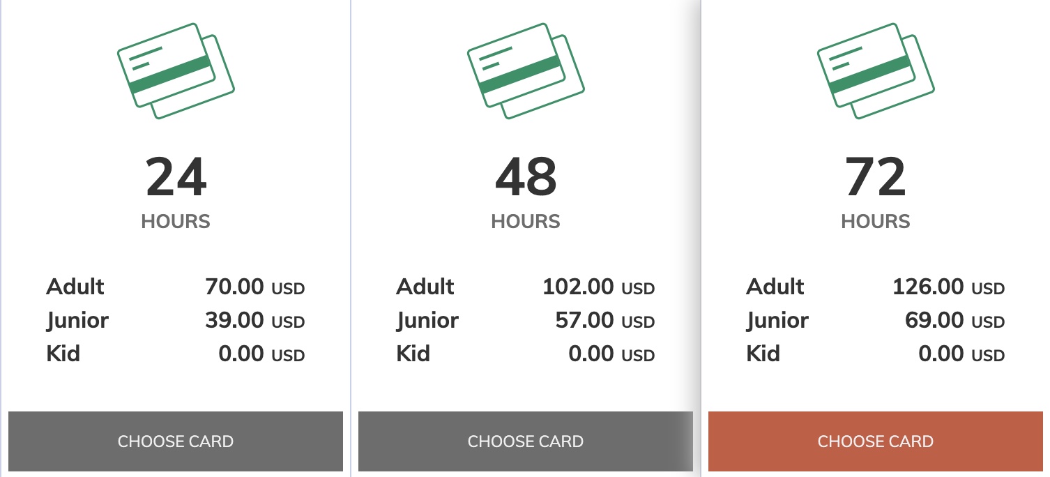 Copenhagen Card prices and cost in USD for 24 hours, 48 hours, or 72 hours.