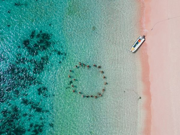 Group of people in a circle in the turquoise water at Pink Beach, Indonesia. Lombok to Flores boat trip through the Komodo Islands.