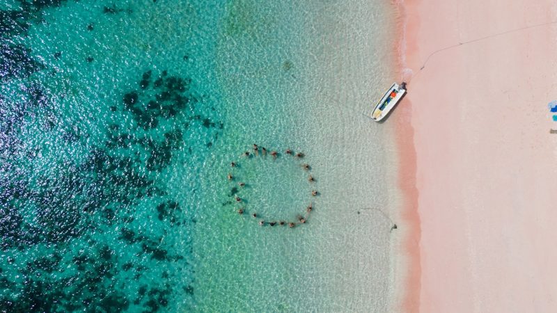 Group of people in a circle in the turquoise water at Pink Beach, Indonesia. Lombok to Flores boat trip through the Komodo Islands.