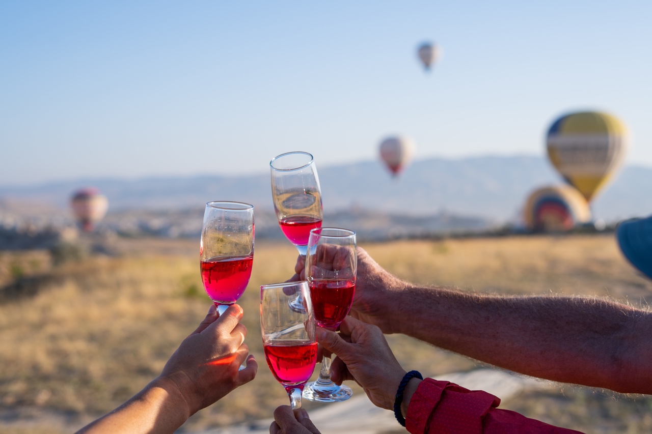 Hot Air Balloon ride Cappadocia, Turkey tour pink sparkling wine