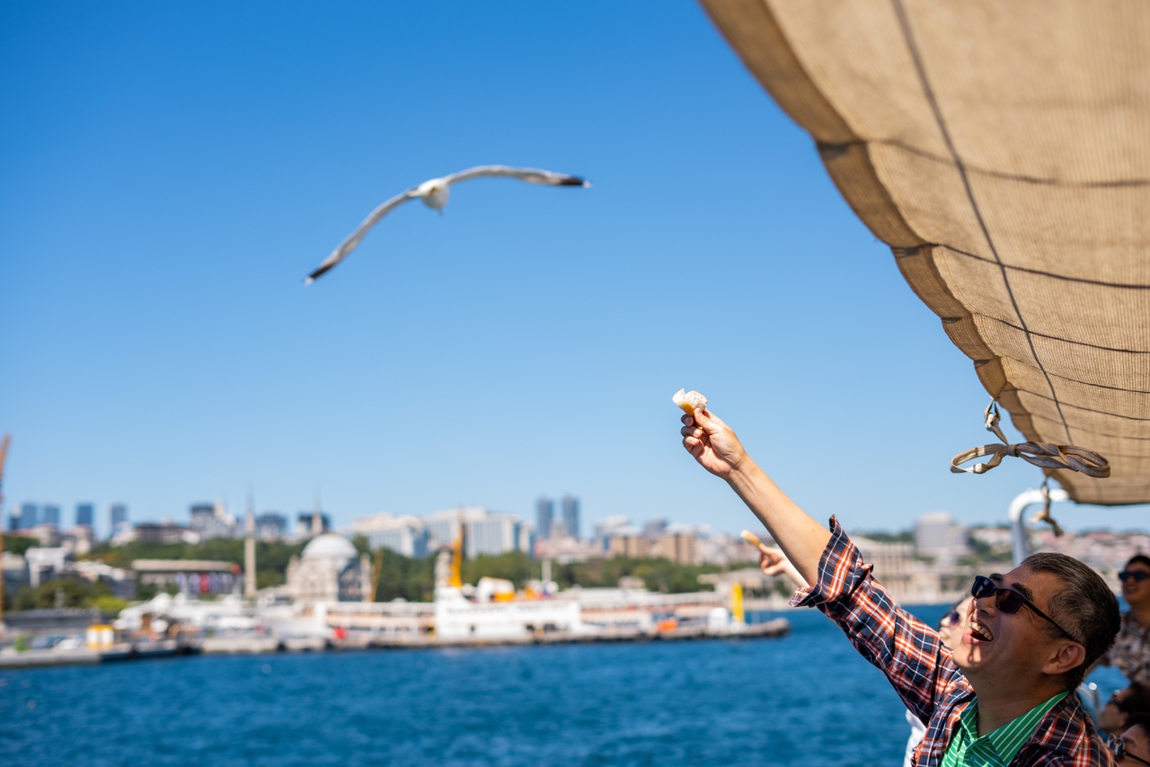 Bosphorus River cruise boat istanbul turkey feeding seagulls bread
