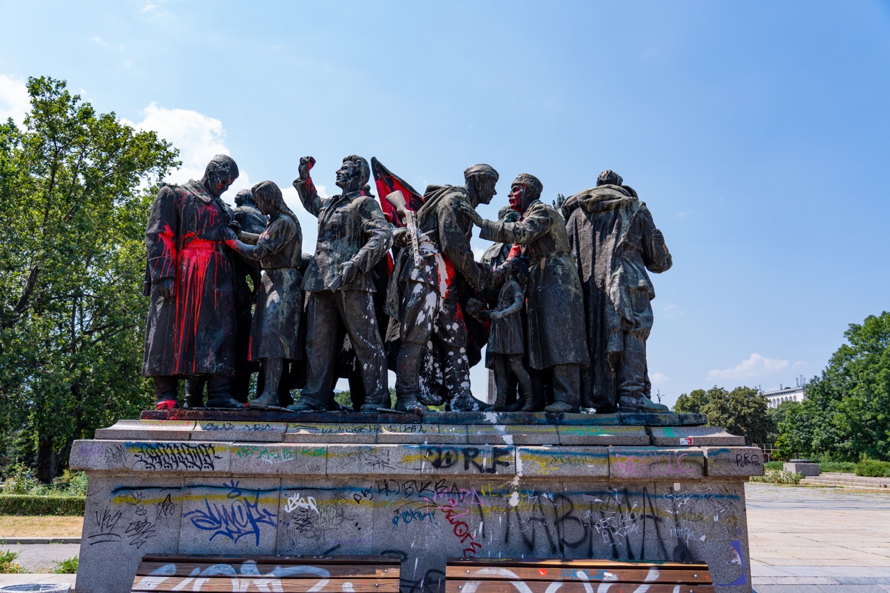 sofia bulgaria graffiti covered statue